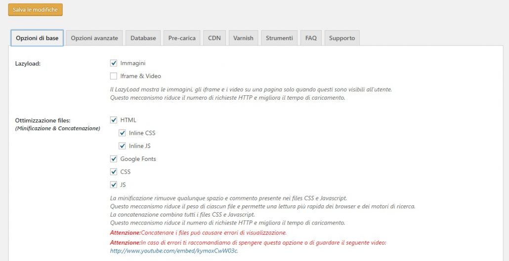 wp rocket opzioni di base